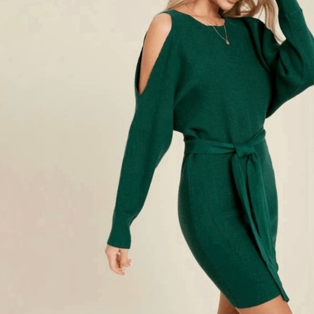 Bluivy Green Open Shoulder Long Sleeve Sweater Dress Womens Size Large